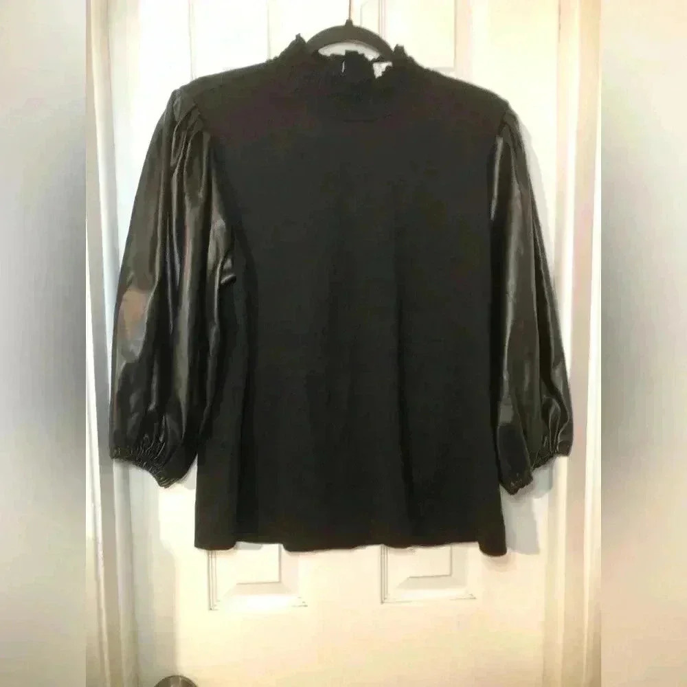 Black Mock Neck Bishop Sleeve Blouse - Picture 8 of 13